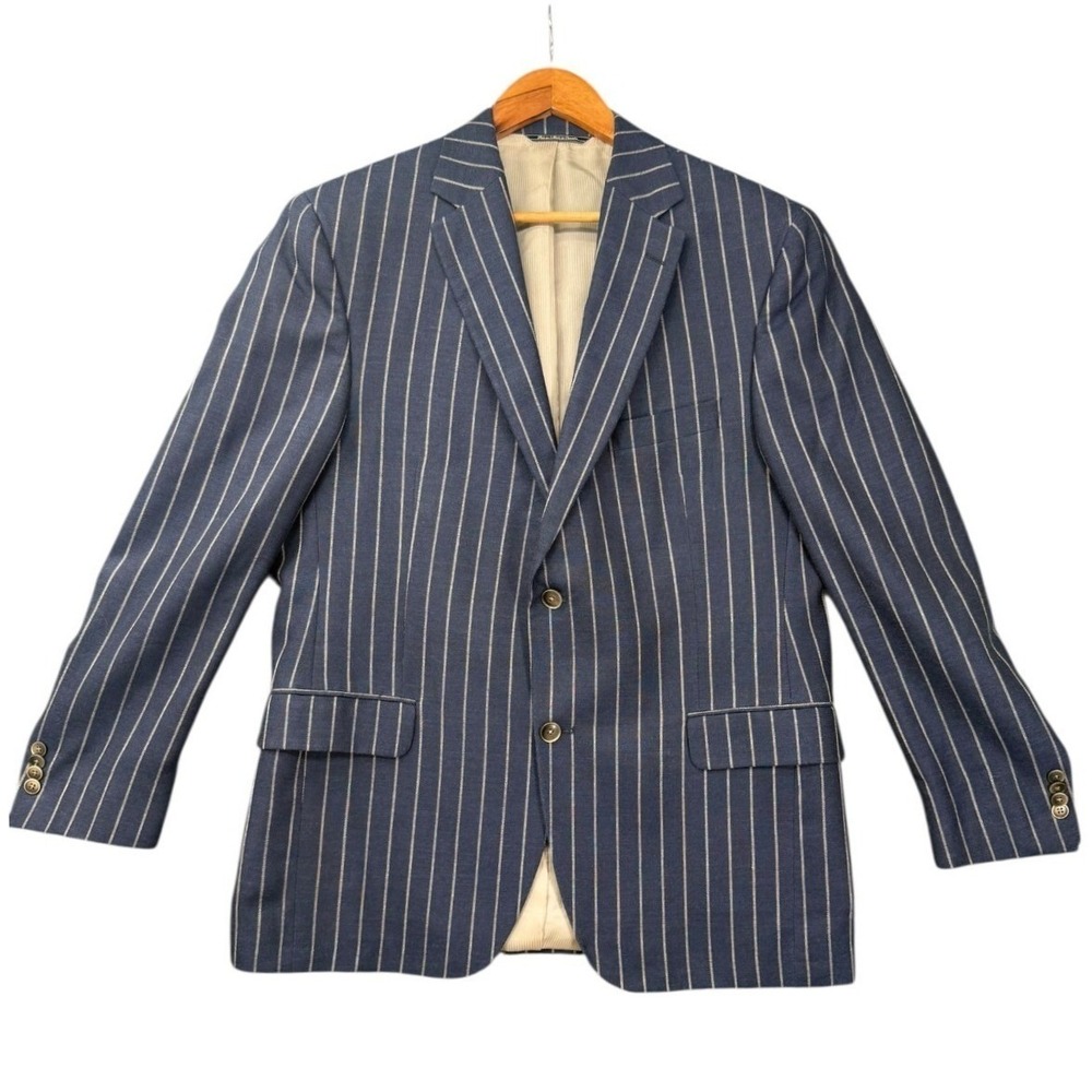 42R Italian Wool Bullock & Jones Travel Blazer Men Sport Coat Navy Pinstripe
